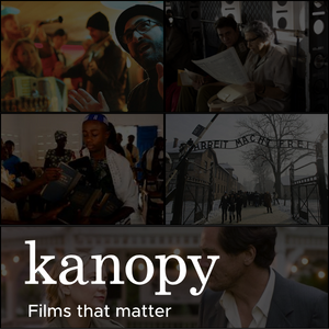 Promotional graphic for Kanopy streaming service with background image of scenes from Jewish films